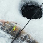 Ice Fishing Rod on snow with hole