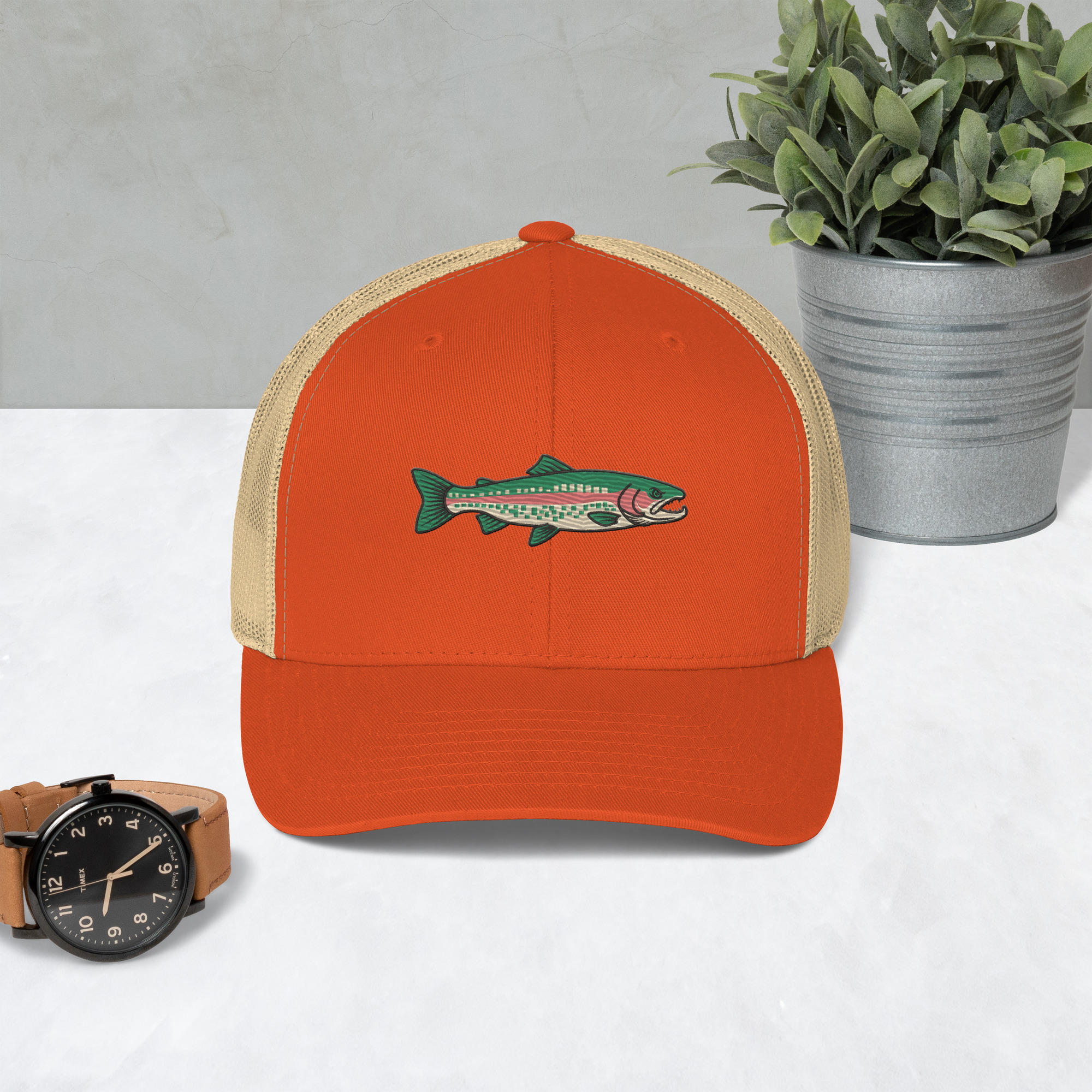 Heather Gray Pixelated Pattern Rainbow Trout Hat - Image 16